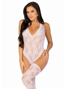 Leg Avenue Lace Deep-V Teddy And Stockings O/S White