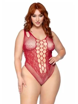 Leg Avenue Seamless Net & Lace Bodysuit Plus 1X-2X Burgundy